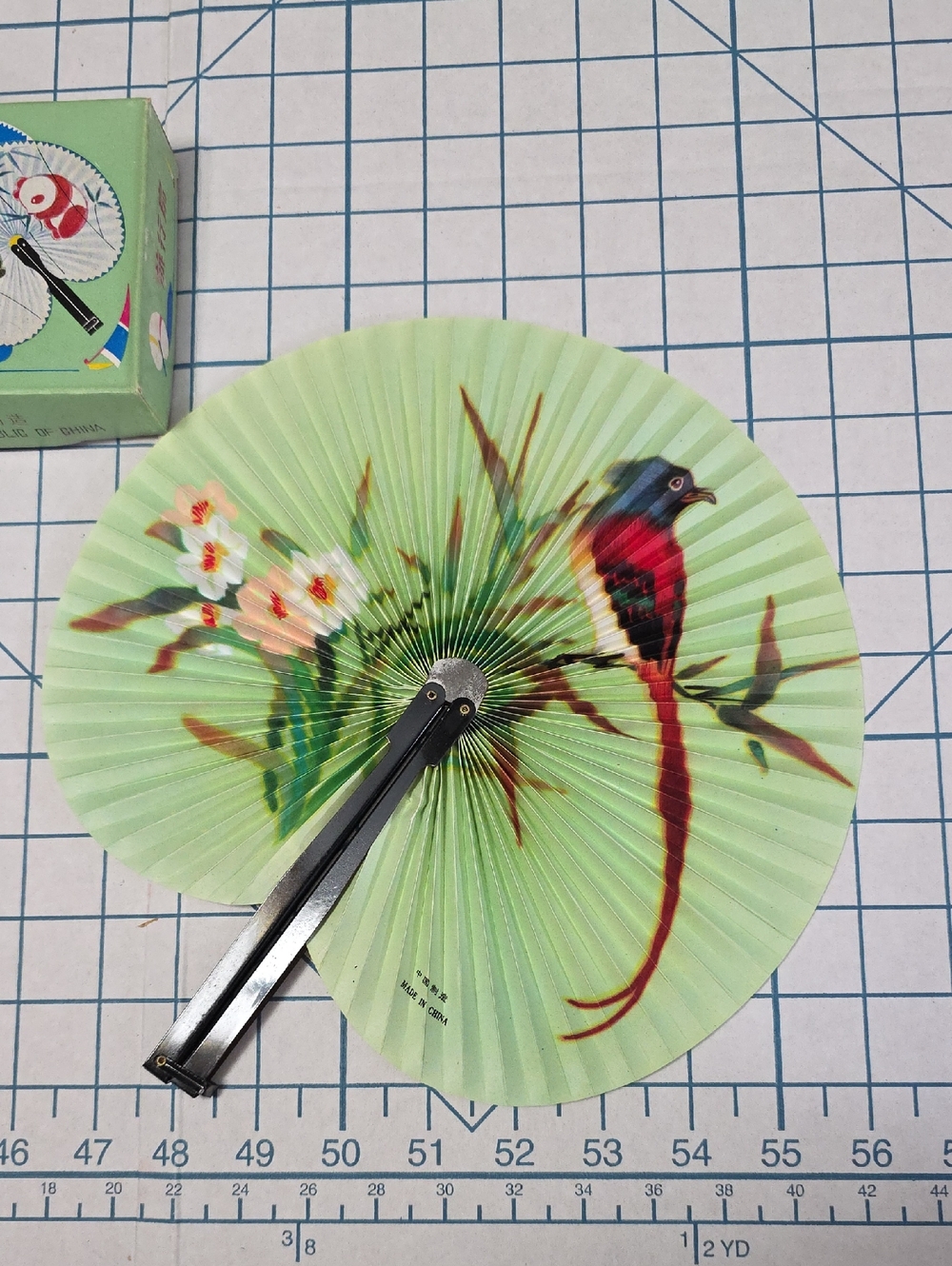 Chinese Paper Folding Hand Fan W/Metal Handle, VTG Mid-Century, #56